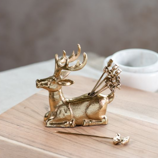 Gold Reindeer Picks + Holder, Feathered Farmhouse