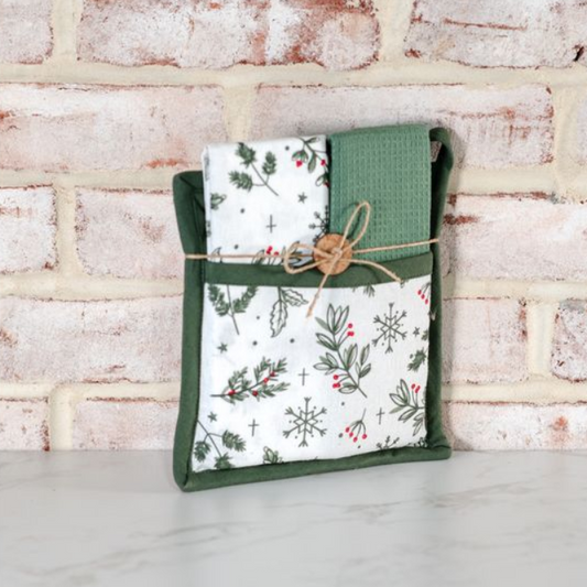 Christmas Holly Potholder Towel Set, Feathered Farmhouse