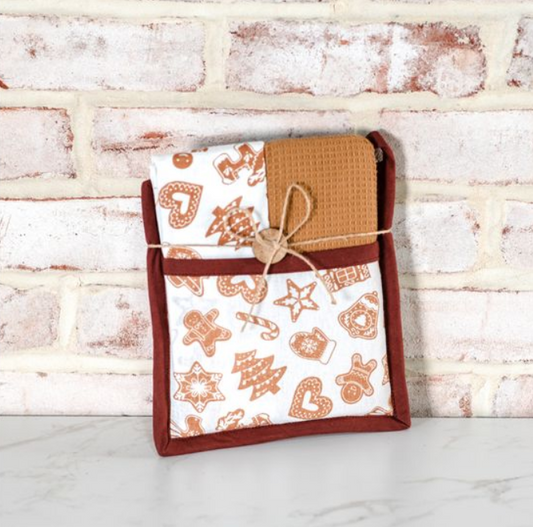 Gingerbread Cookie Potholder and Towel Set, Feathered Farmhouse