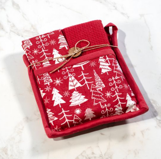 Red Christmas Tree Potholder Towel Set, Feathered Farmhouse