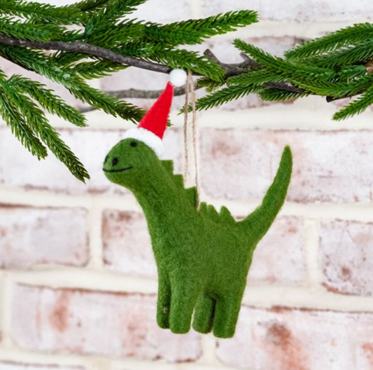 Fuzzy Santa Hat Dinosaur Ornament, Feathered Farmhouse