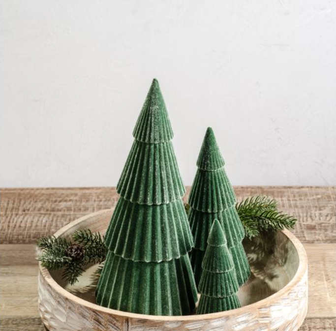 Green Velvet Flocked Trees, Feathered Farmhouse