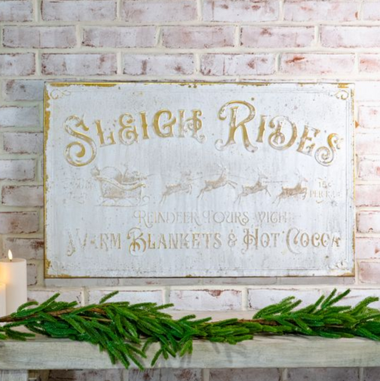 Vintage White Sleigh Rides Sign, Feathered Farmhouse