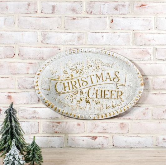 Vintage White Christmas Cheer Sign, Feathered Farmhouse