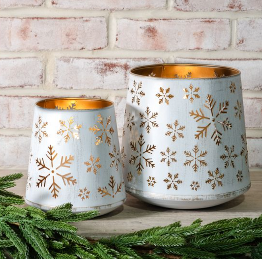 White + Gold Tin Snowflake Lanterns, Feathered Farmhouse