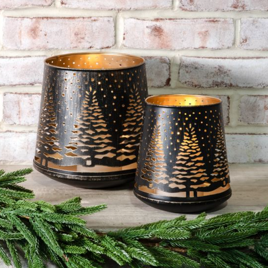 Black + Gold Tin Tree Lantern, Feathered Farmhouse