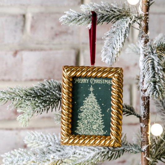 Gold Square Frame Ornament, Feathered Farmhouse