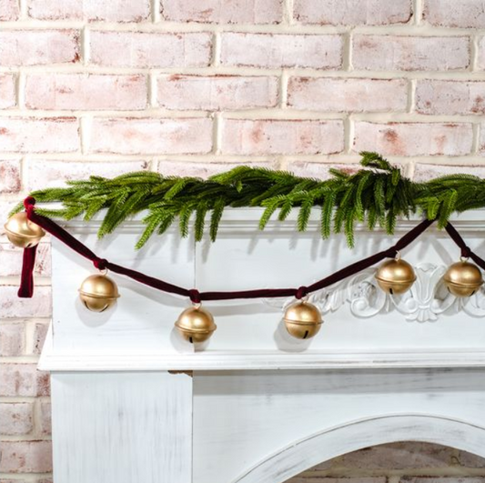 Gold Bell + Red Velvet Garland, Feathered Farmhouse