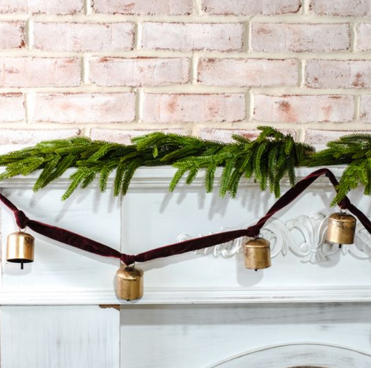 Burnt Gold Maroon Velvet Bell Garland, Feathered Farmhouse