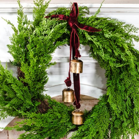 Burnt Gold Maroon Velvet Bell Hanger, Feathered Farmhouse
