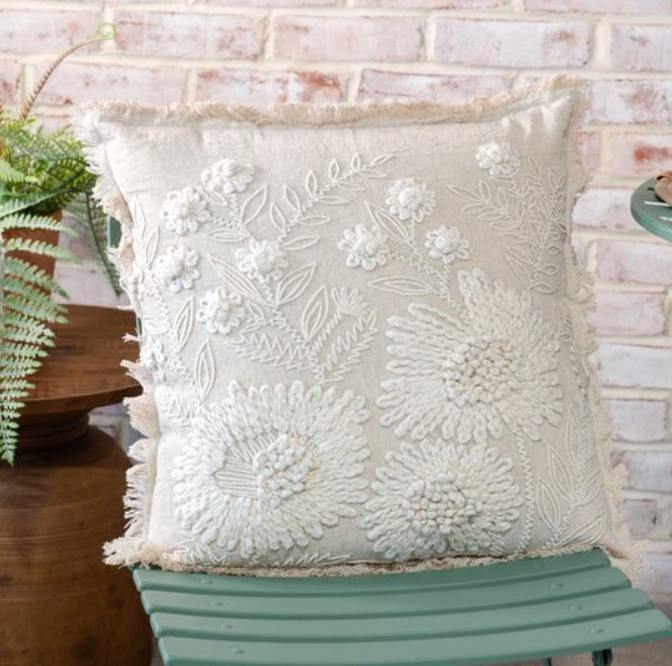 Stonewash Cream Embroidered Flower Pillow, Feathered Farmhouse