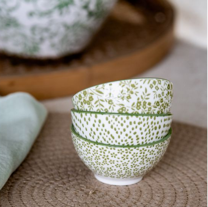 Green Floral + Dot Bowl, Feathered Farmhouse