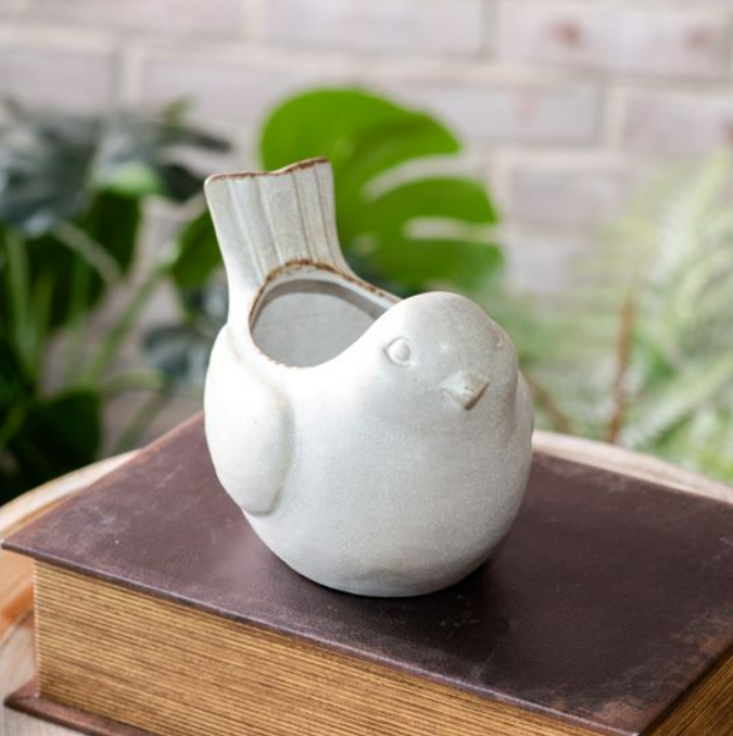 White Wash Bird Pot, Feathered Farmhouse