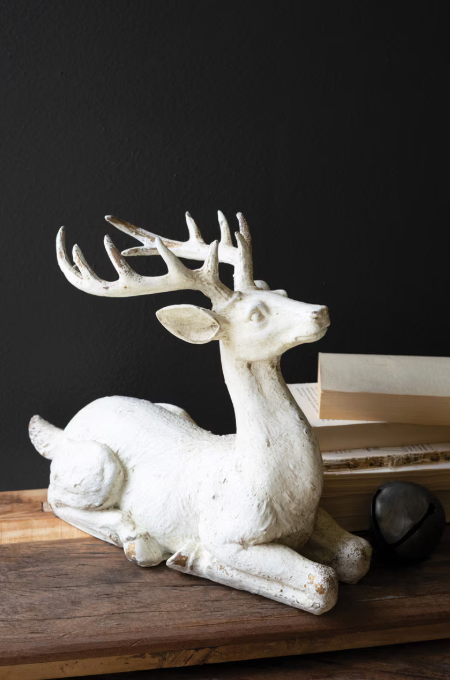 Resting Faux Concrete Deer, Feathered Farmhouse