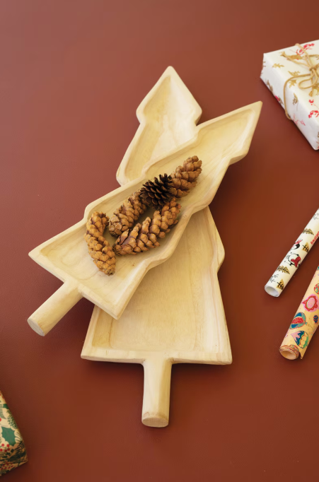 Giant Carved Wood Christmas Tree Platters, Feathered Farmhouse