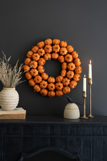 Faux Pumpkin Wreath, Feathered Farmhouse