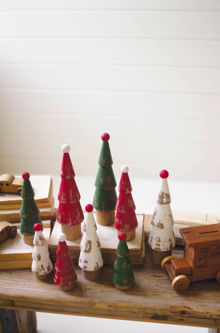 Turned Wood Painted Christmas Trees, Feathered Farmhouse