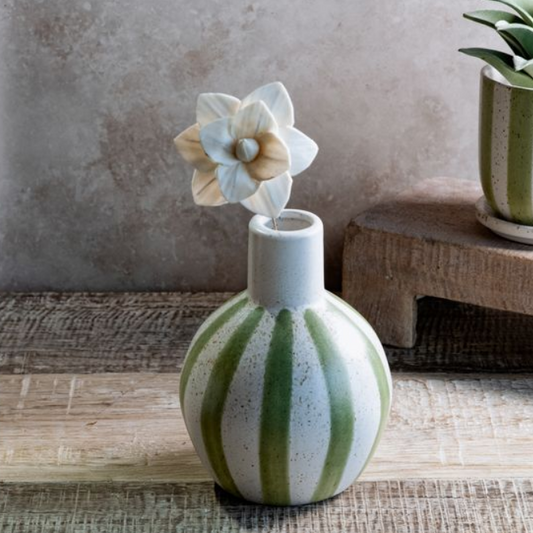 Matte Green Stripe Vase, Feathered Farmhouse