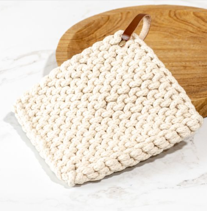 Cream Leather Strap Pot Holder, Feathered Farmhouse