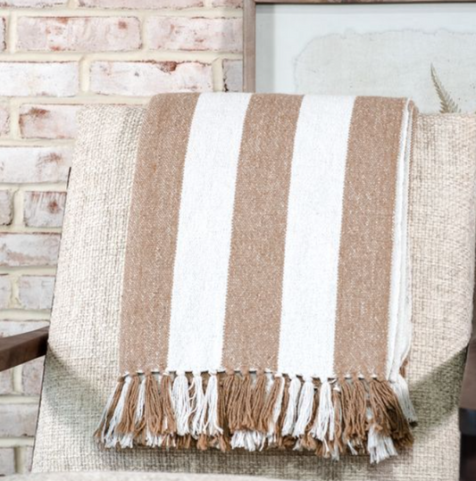 Beige & White Stripe Throw, Feathered Farmhouse