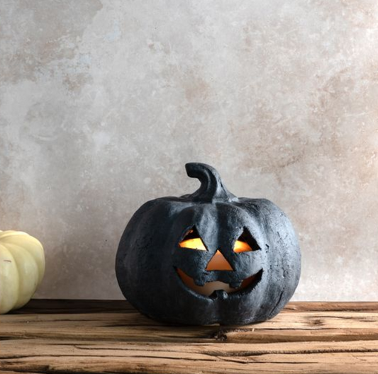 Terracotta Mini Jack-O-Lantern Pumpkin, Feathered Farmhouse