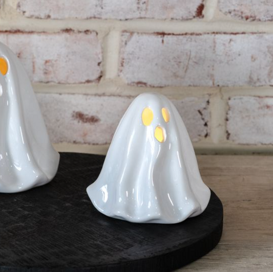 White LED Ceramic Flowy Ghost, Feathered Farmhouse