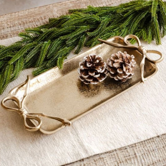 Ribbon Handle Gold Tray, Feathered Farmhouse