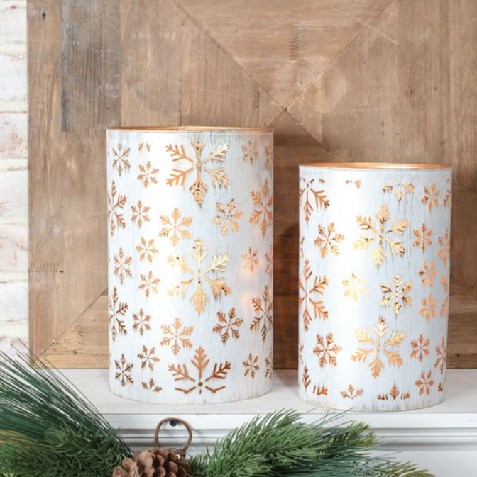 White Tin Snowflake Lantern, Feathered Farmhouse