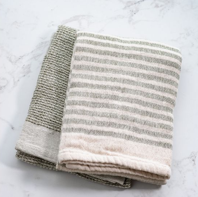 Olive Stripe Waffle Towels, Feathered Farmhouse