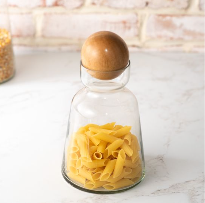 Glass Caraffe with Wood Ball Top, Feathered Farmhouse