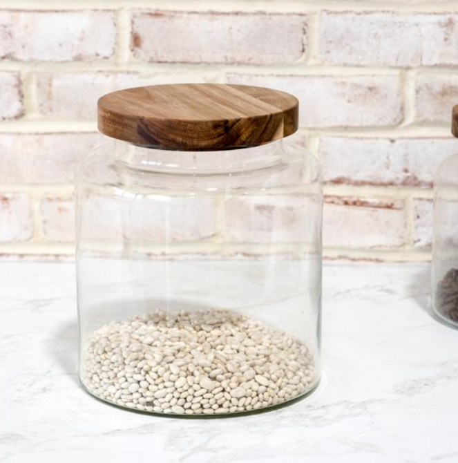 Glass Storage Jar with Wood Lid, Feathered Farmhouse