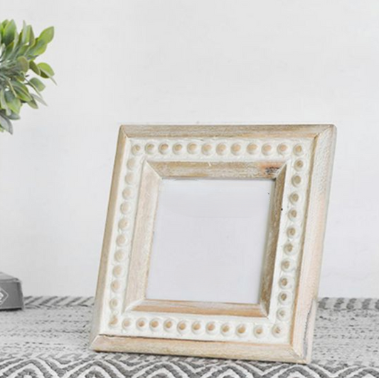 Distressed White Beaded Photo Frame, Feathered Farmhouse