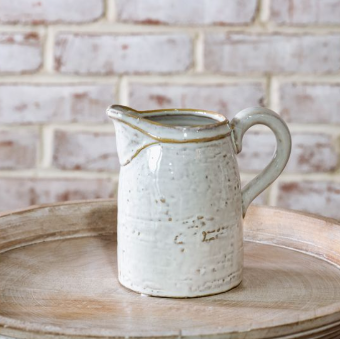 Fancy White Ceramic Pitcher, Feathered Farmhouse