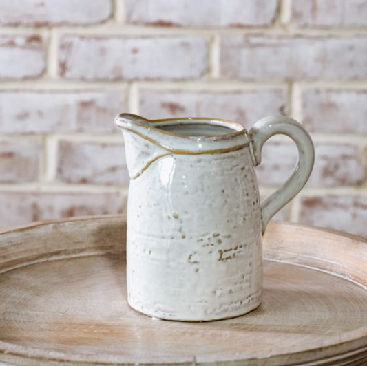 Fancy White Ceramic Pitcher, Feathered Farmhouse