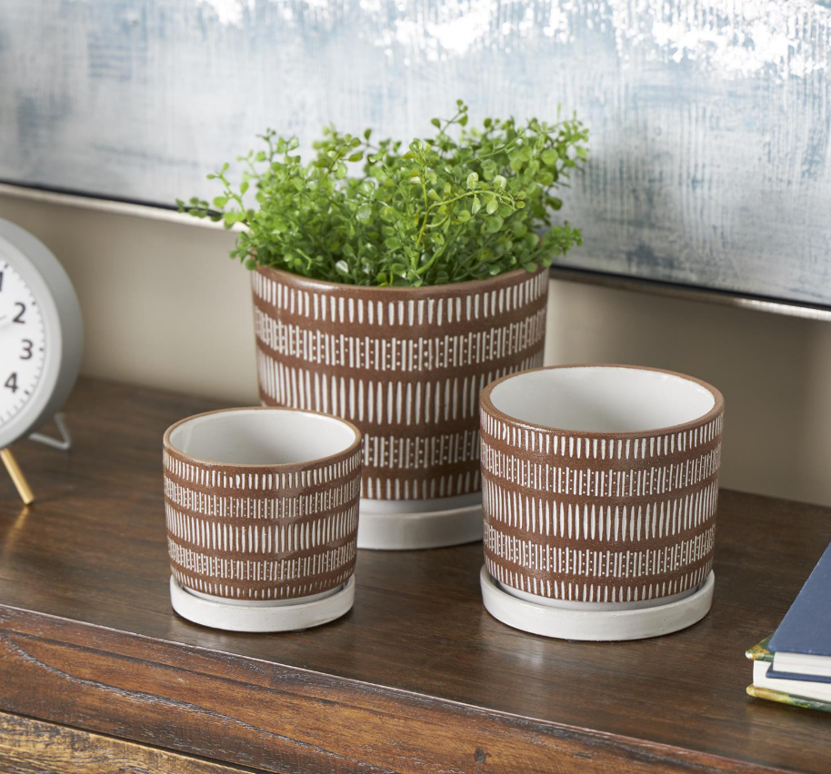 Brown Ceramic Patterned Planter, Feathered Farmhouse