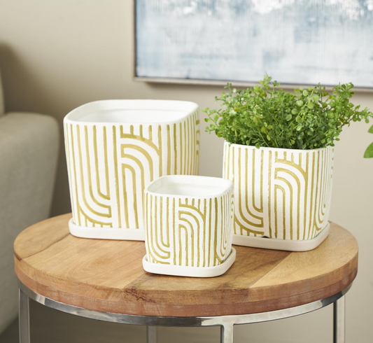 Green Geometric Patterned Planter, Feathered Farmhouse