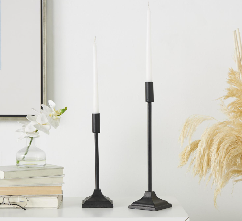Black Metal Weathered Taper Holder, Feathered Farmhouse