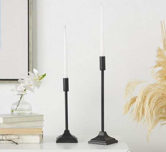 Black Metal Weathered Taper Holder, Feathered Farmhouse