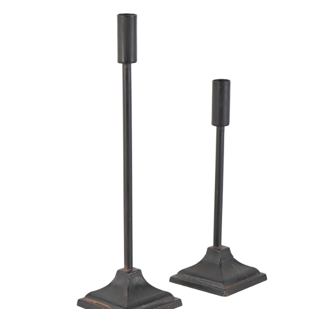 Black Metal Weathered Taper Holder, Feathered Farmhouse