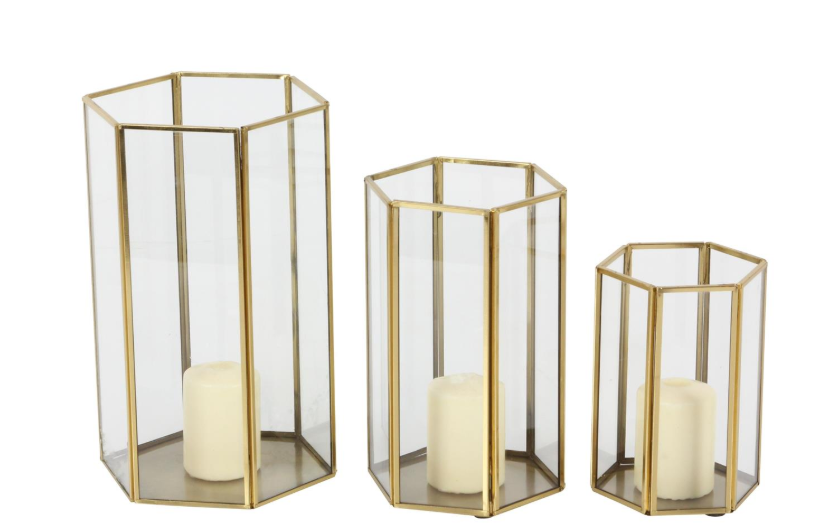 Gold & Glass Candle Lantern, Feathered Farmhouse