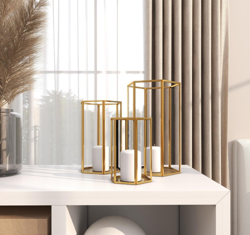 Gold & Glass Candle Lantern, Feathered Farmhouse