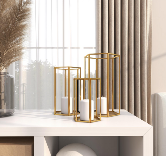 Gold & Glass Candle Lantern, Feathered Farmhouse