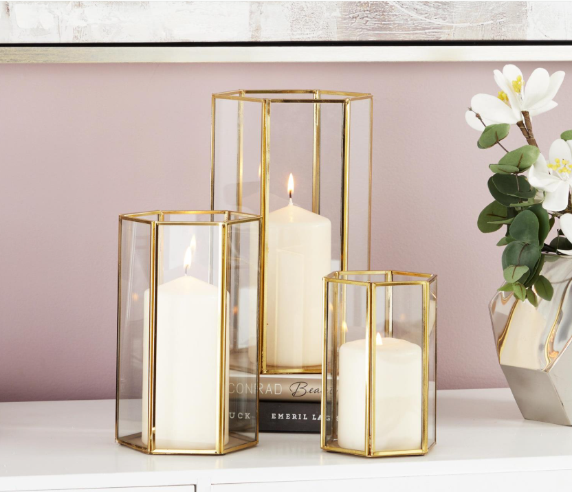 Gold & Glass Candle Lantern, Feathered Farmhouse