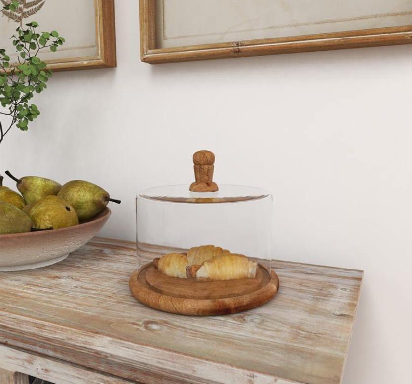 Cake Stand with Glass Lid, Feathered Farmhouse