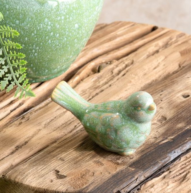 Green Glazed Ceramic Bird, Feathered Farmhouse