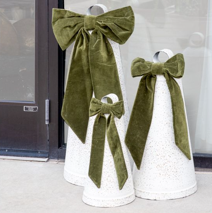 White Bell with Green Velvet Bow, Feathered Farmhouse