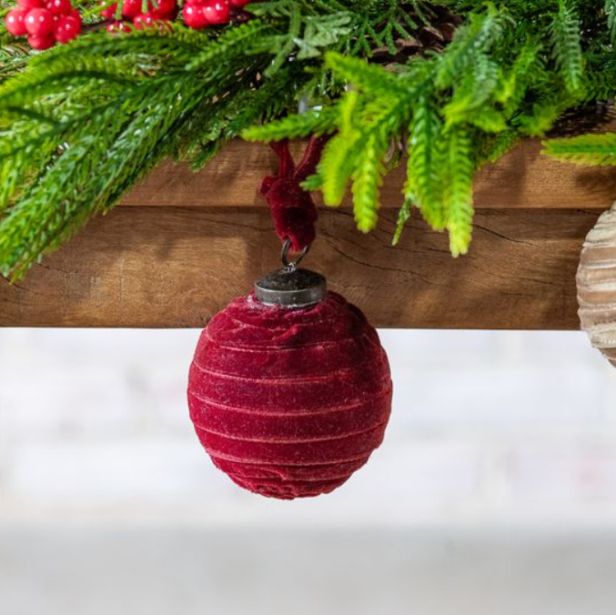 Burgundy Velvet Ornament, Feathered Farmhouse
