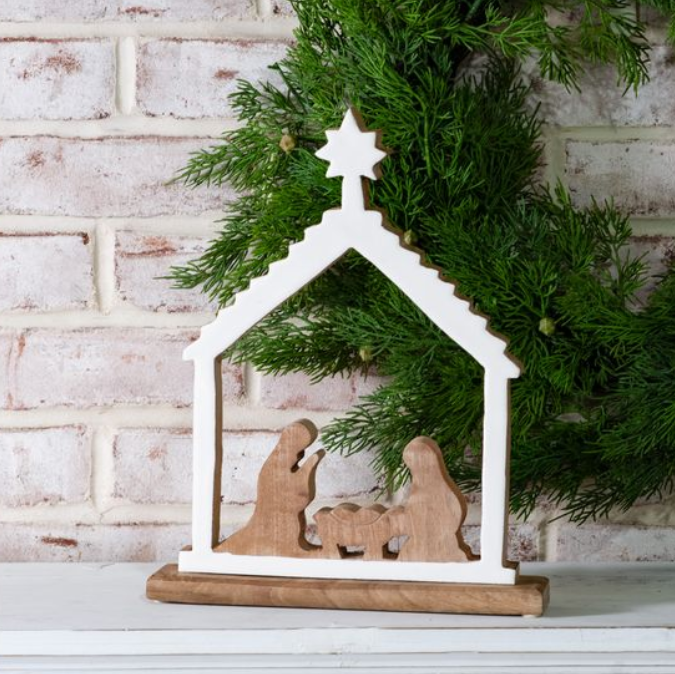 White Enamel Nativity Scene, Feathered Farmhouse