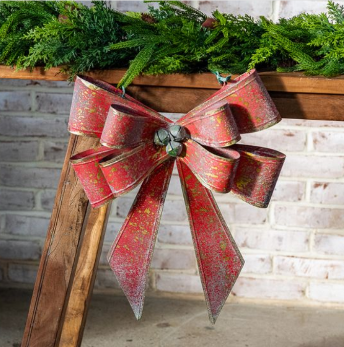 Red Metal Hanging Bow, Feathered Farmhouse