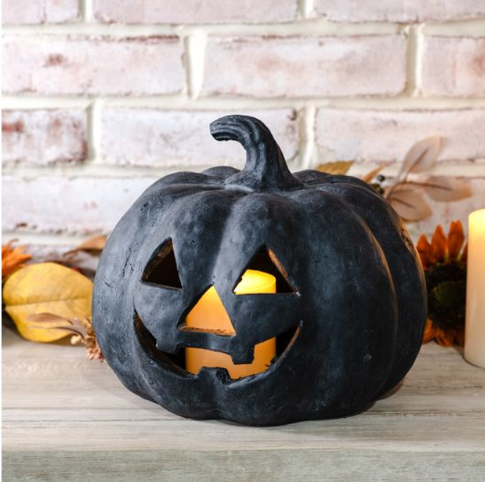 Black Terracotta Jack O Lantern Pumpkin, Feathered Farmhouse